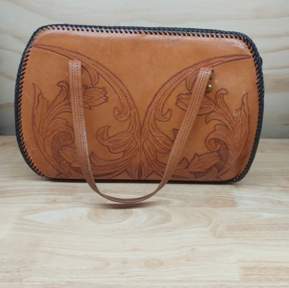 Vintage Tan Tooled Leather Shoulder Bag